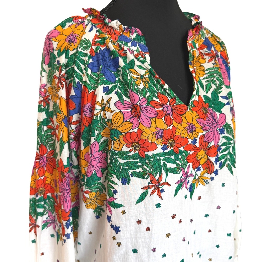 Talbots‎ Womens Medium Floral Border Print Split Neck Blouse White
